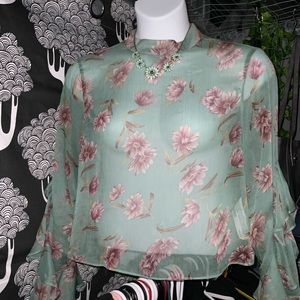 Forever21 XL Floral Sheer Top with High Neck and Frilly Long Sleeves
